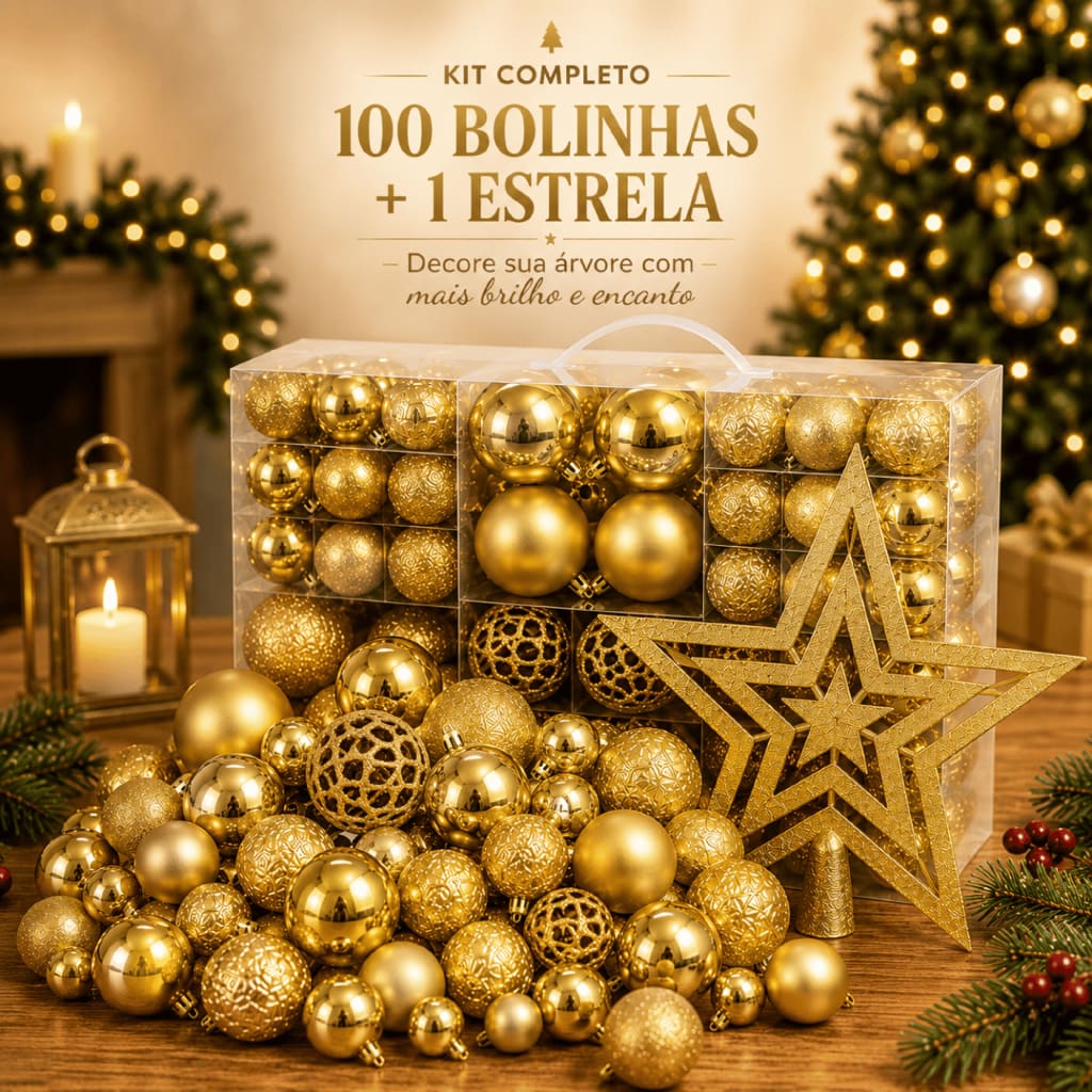 Coleção Natal Clássico | Kit de 50 ou 100 Bolas Vermelhas e Douradas + Estrela ⭐