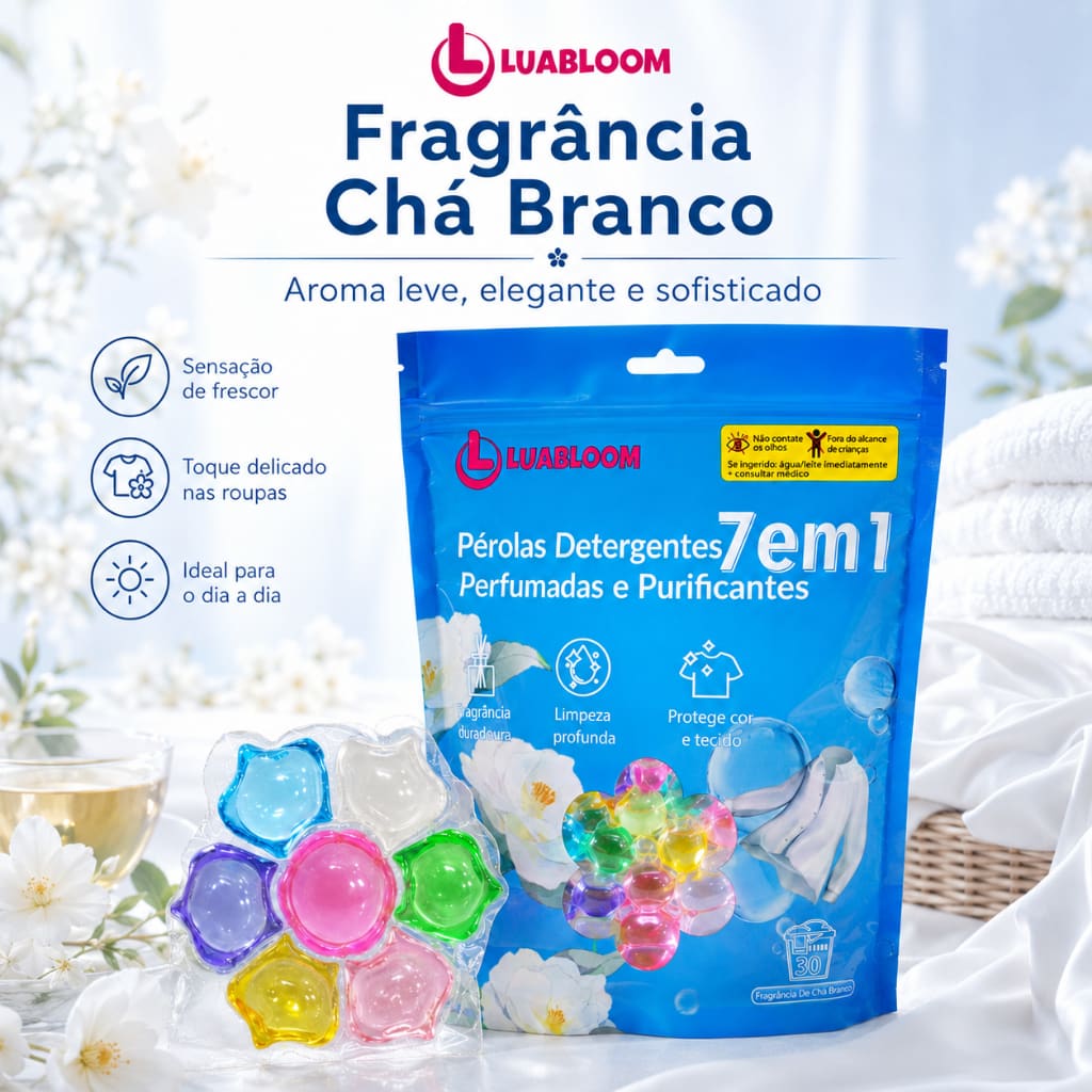 Cápsulas Lava-Roupas 7 em 1 LUABLOOM — Limpeza Profunda e Perfume Chá Branco