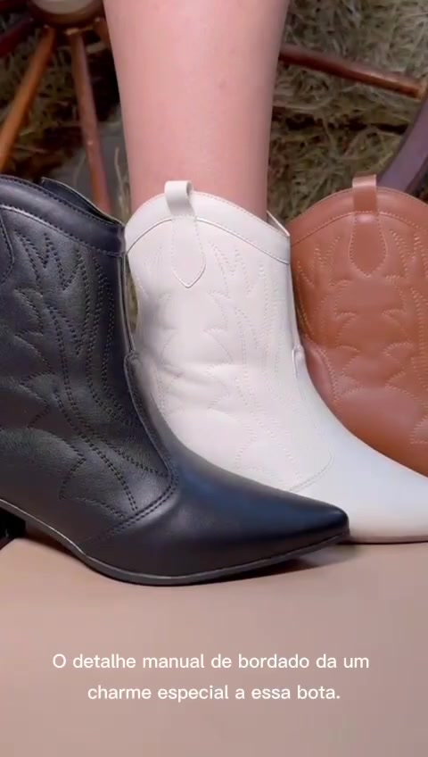 Bota Texana Feminina Bordada Western Bico Fino Salto Bloco Médio Boho