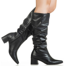 Bota Feminina GiGiL Cano Longo Enrugado Slouch Bico Fino Salto Bloco Médio Elegante Clássica Casual
